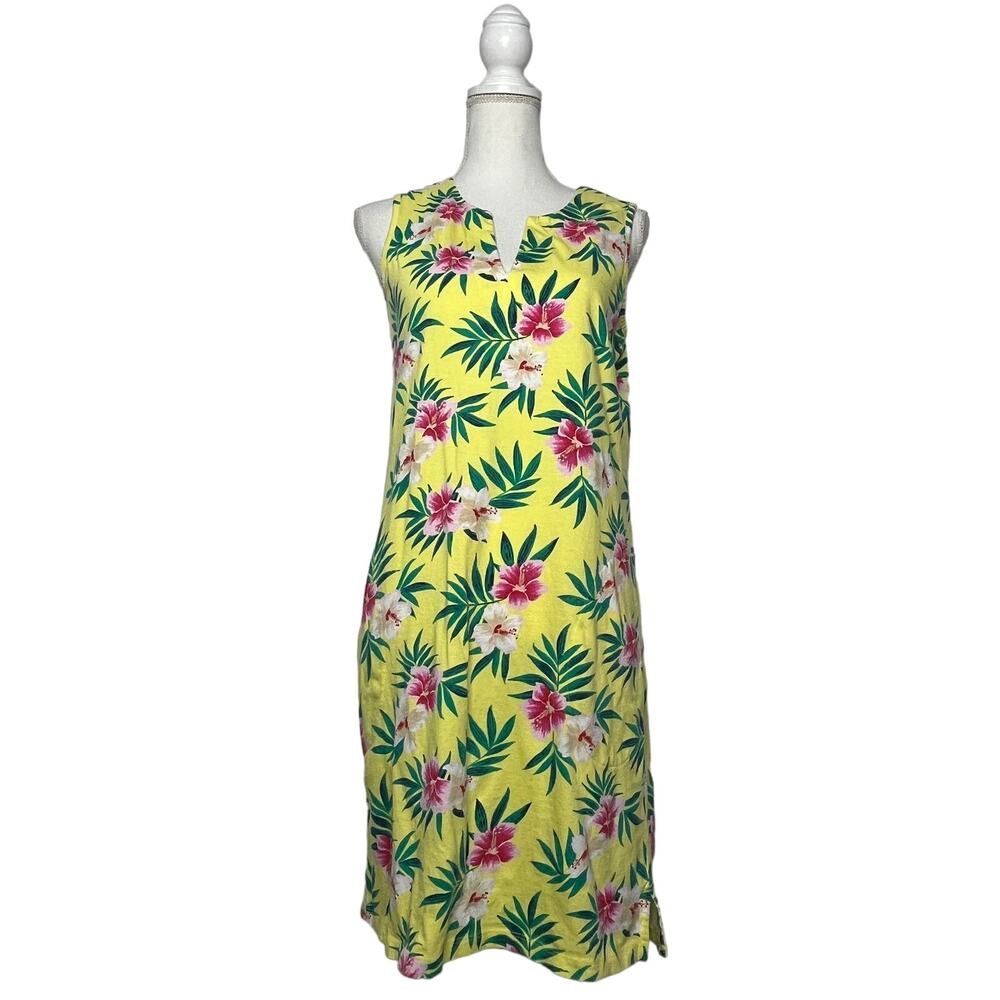 Lands End Women's Sleeveless Cotton Shift Hibiscus Tropical Dress Pockets Small